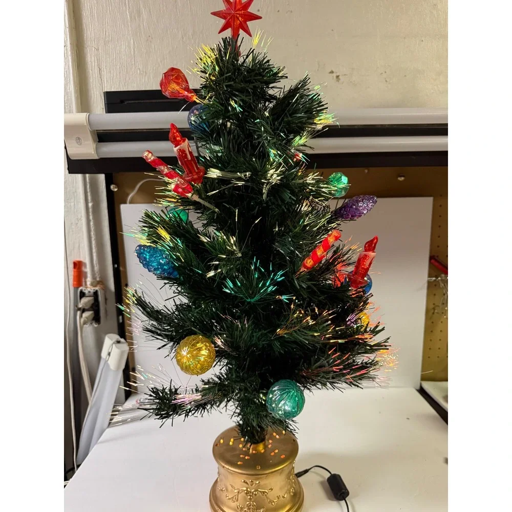 Vintage Fiber Optic Tabletop Christmas Tree Gold Base Ornaments Star 18 Inch